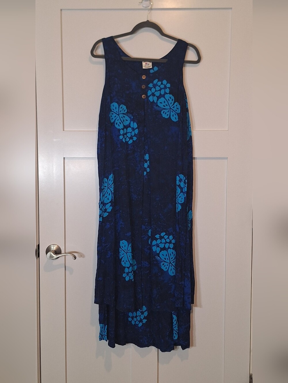 Vintage Young Fashion Maxi Dress Sleeveless Layered Floral 3 Button Blue Medium